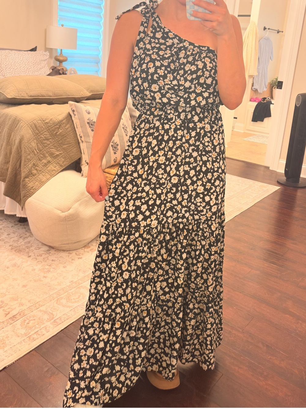One-Shoulder Black Floral Maxi Dress with Tie Shoulder